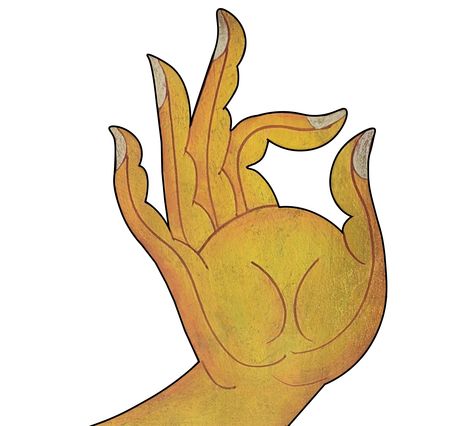 Saw this piece of artwork painted on a wooden frame, this gesture is known as 'Vitarka mudra'. "Vitarka mudra is a symbolic, ritualistic hand gesture used in yoga, Buddhism and Hinduism. Mudra Illustration, Mudra Tattoo, Prana Mudra, Buddhist Design, Vitarka Mudra, Tibetan Tattoo, Gyan Mudra, How To Draw Fingers, Hand Mudras