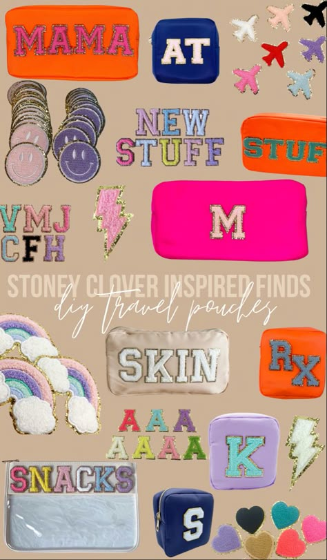 Stoney clover inspired finds | stoney cover DIY | judith march inspired | travel pouch | nylon pouch | initial pouch Varsity Letter Bags, Diy Stoney Clover Patches, Stoney Clover Diy, Chenille Letter Ideas, Stoney Clover Pouch Ideas, Diy Stoney Clover, Preppy Stationary, Stony Clover, Carnival Birthday Theme