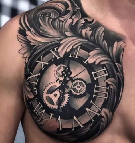 Chest Tattoo Men Cover Up, Black And Grey Chest Tattoos For Men, Clock Tattoo Design For Men Chest, Clock Chest Tattoo For Men, Chest Tattoo Clock, Shoulder Tats Men, Chest Tattoo Design For Men, Clock Tattoo Design For Men, Tato Jam