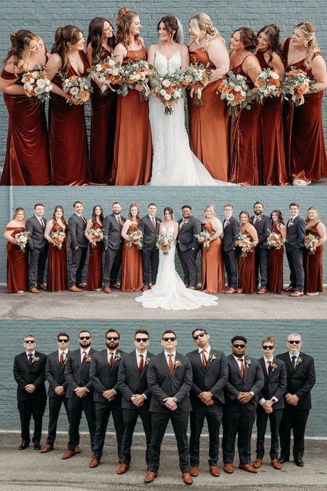 Fall Wedding Color Bridal Party, Bridesmaid Dresses Rusty Orange, Burgundy And Rust Wedding Party, Terracotta Maroon Wedding, Fall Wedding Colors Gray Suits, Fall Bridesmaids And Groomsmen, Wine And Rust Wedding Colors, Rust Wedding Color Bridesmaid Dress, Fall Color Bridal Party