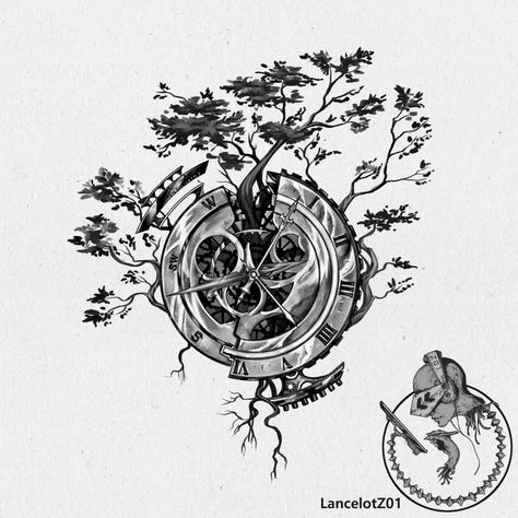 #tattoo #clock #compass #tree #lancelotz01 Tree Clock, Wilderness Tattoo, Tattoo Homme, Steampunk Tattoo, Tattoo Tree, Nature Tattoo Sleeve, Clock Tattoo Design, Fantasy Tattoos, Tree Tattoo Designs