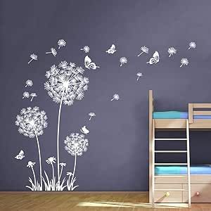 Dandelion Wall Mural, Dandelion Wall Painting, Dandelion Bedroom Ideas, Stencil Designs Wall Living Room, Giant Dandelion, Butterfly Wall Mural, Stickers Plants, Art Bedroom Aesthetic, Bedroom Decor White