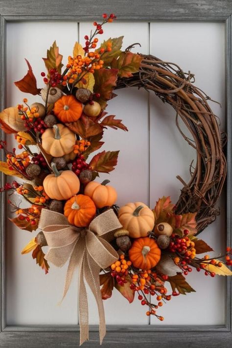 Decorating Front Door For Fall, Diy Halloween Door Wreaths, Autumnal Wreath Diy, Diy Fall Reefs Front Doors, Homemade Autumn Wreath, Fall Wreath Ideas Diy Burlap, Autumn Pumpkin Decor, Autumn Wreath Ideas Diy, Diy Fall Door Decor