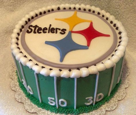 Pittsburgh Steelers Cake. French Vanilla cake with buttercream frosting. Pittsburgh Steelers Cake, Steelers Cake, Vanilla Cake With Buttercream, Cake With Buttercream Frosting, French Vanilla Cake, Sweet Bakes, Towel Cake, French Cake, Cake With Buttercream