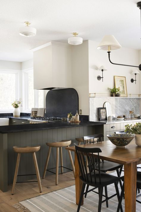 4 Design Elements You Can't Overlook When Refreshing Your Home | Jkath Design Build + Reinvent Jkath Design, White Wall Paneling, School House Lighting, Soapstone Countertops, Built In Cabinet, Side Board, White Oak Floors, Kitchen Corner, Upper Cabinets