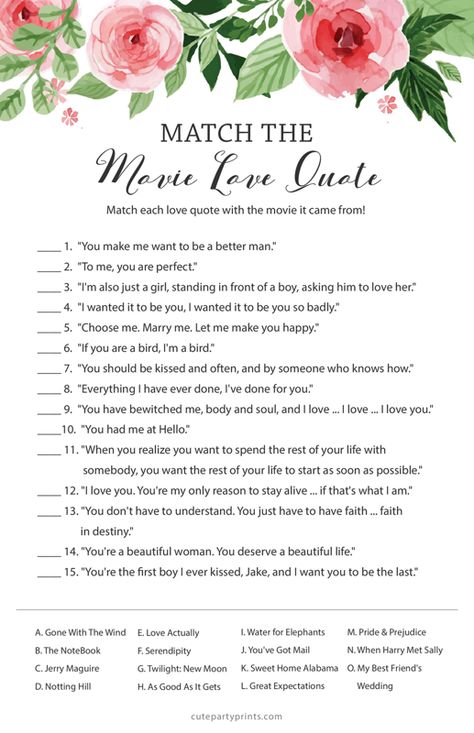 Movie Bridal Shower Theme, Free Printable Bridal Shower Games, Famous Movie Love Quotes, Romance Movies Quotes, Bridal Shower Games Free Printables, Free Bridal Shower Games, Movie Love Quotes, Rosé Theme, Barbie Bridal