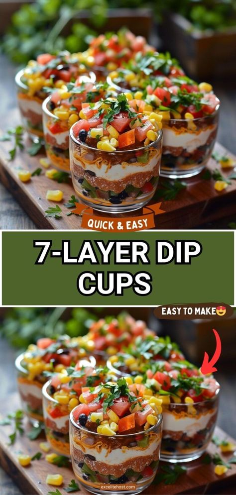 7 Layer Dip Cups are the best appetizer to serve at your next party. This dip is perfect for Mexican dinner night and goes great with tacos!