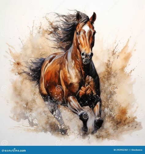 Splashing Horse: Dark Beige and Amber Watercolor Painting Stock Image - Image of running, painted: 293952361 Horse Watercolor Painting, Watercolor Horses, Marine Painter, Watercolor Horse Painting, Horse Watercolor, Horse Paintings, Western Artist, Background White, Dark Beige