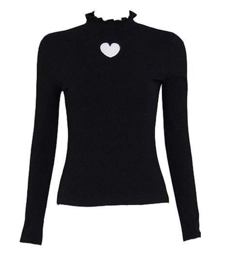 Black Ruffle Collar Heart Shaped Cut Out Shirt- You could do this yourself, easily. #diy #shirt Heart Keyhole Shirt, Lovecore Clothing, Heart Cut Out Top, Black Turtle Neck, Rouge The Bat, Cool Summer Outfits, Cut Out Top, Ruffle Collar, Diy Shirt