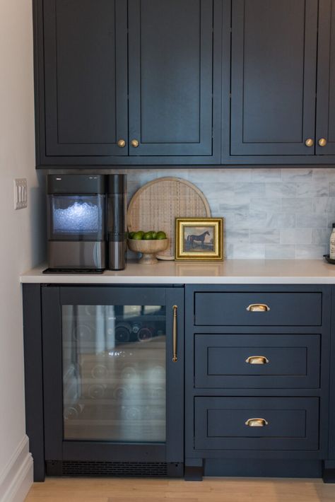 Dry Bar - Arched Manor Dry Bar Wine Fridge, Navy Blue Dry Bar, Black Dry Bar, Dry Bar With Fridge, Dry Bar Wall Ideas, Dry Bar With Wine Fridge, Pantry With Wine Fridge, Blue Painted Cabinets, Dry Bar Ideas