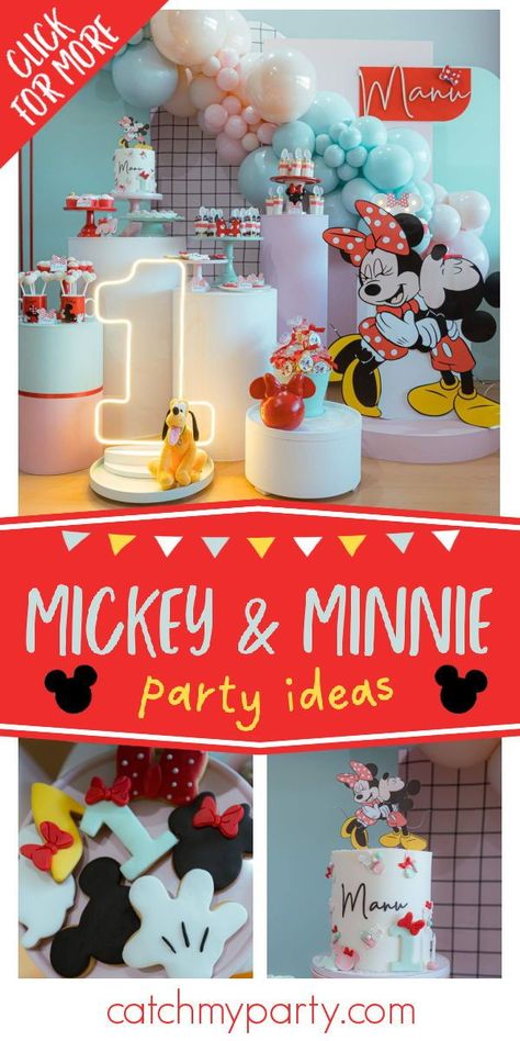 Check out this cute Minnie and Mickey 1st birthday party! The cupcakes are adorable! See more parties ideas and share yours at CatchMyParty.com Minnie And Mickey Party, Mickey And Minnie Birthday Party, Mickey Mouse 1st Birthday Party, Minnie Mouse 1st Birthday Party, Mickey 1st Birthdays, Mickey Mouse First Birthday, Minnie Mouse Birthday Decorations, Mickey Mouse 1st Birthday, Minnie Mouse 1st Birthday