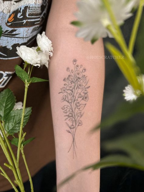 Thin line tattoo on forearm of light skin woman of bouquet of morning glory and lily of the valley Morning Glory And Lily Of The Valley Tattoo, Tattoo Birth Flower, Morning Glory Tattoo, Glory Tattoo, Birth Flower Bouquet, Fineline Tattoo, Lily Of The Valley Flowers, Fine Line Tattoo, Birth Flower Tattoos