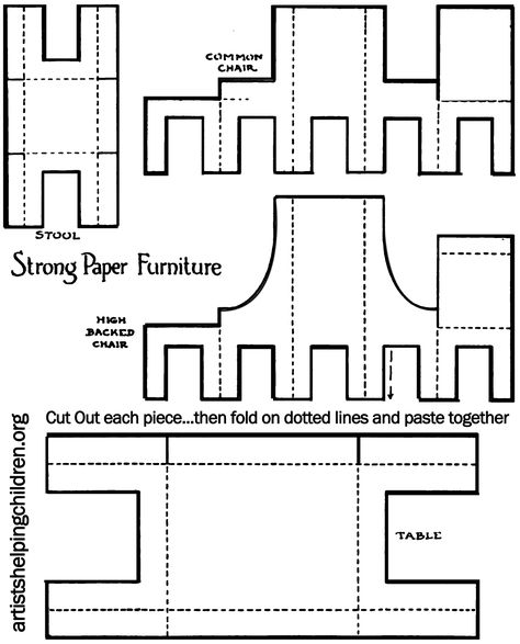 simple but a favorite of mine..depend on how you paint the surface:   printable template all furniture 285x175 step How to Make a Paper Doll House Table & Chairs Bathroom Fan Ideas, Cardboard Dollhouse, Accessoires Barbie, Paper Furniture, Paper Doll House, Decor Studio, Miniature Printables, Attic Renovation, Paper Dolls Printable