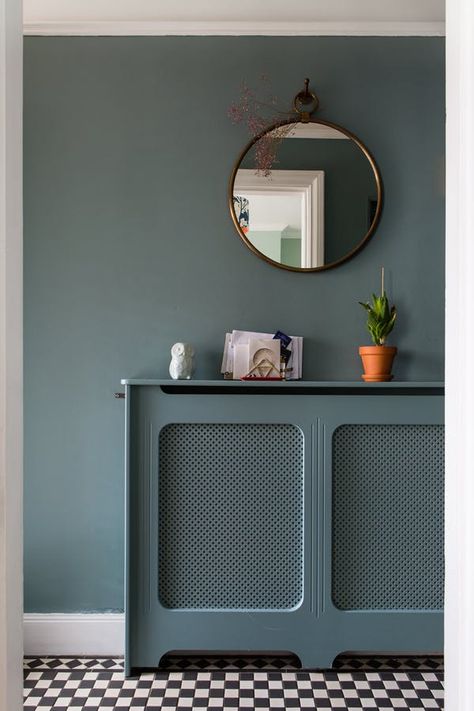 This stylist's London home is beautiful...and there are clever decor ideas to steal for your home. Contemporary Radiators, Teal Walls, Unique Tile, Dark Walls, Blogger Design, Mirror With Shelf, Radiator Cover, Design Your Home, Organizing Your Home