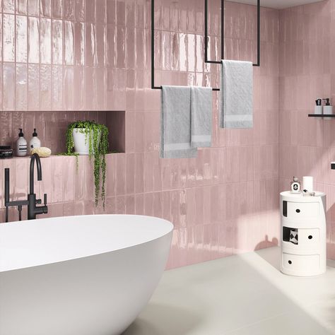 Pink Brick Tile Bathroom, Pink Bathroom Suite, Pink Tile Shower Ideas, Pink Downstairs Toilet, Pastel Bathroom Aesthetic, Pink Tile Shower, Baby Pink Bathroom, Pink Shower Tile, Pink Tiles Bathroom