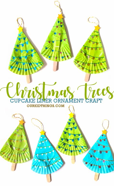 Preschool Christmas Tree Ornament Crafts, Cupcake Paper Crafts Christmas, Cupcake Paper Ornaments, Christmas Tree Ornament Crafts For Kids, Cupcake Liner Ornaments, Christmas Ornaments For Kids To Make At School, Cupcake Liner Christmas Tree, Kids Xmas Crafts, Cupcake Paper Crafts