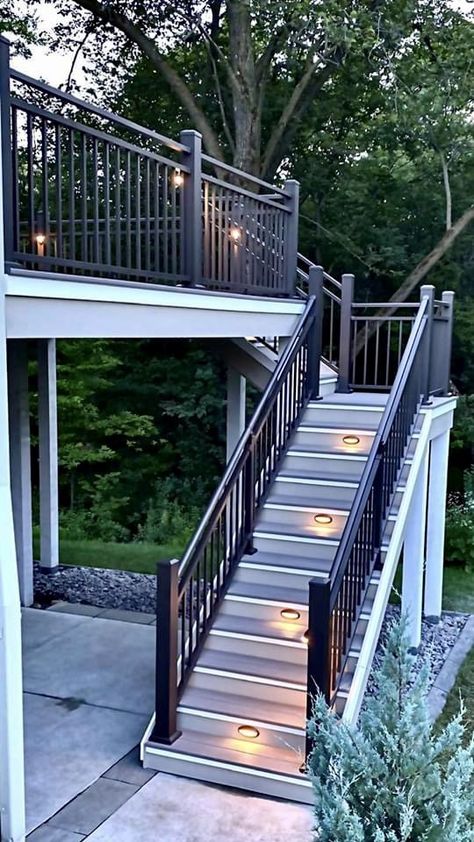 Backyard Deck Stairs, 2 Story Back Deck, Deck Staircase With Landing, Adding Stairs To Deck, Exterior Deck Stairs, Stairs From Deck To Yard, Deck Off Back Of House Staircase, High Deck Design, Outdoor Patio Stairs Ideas