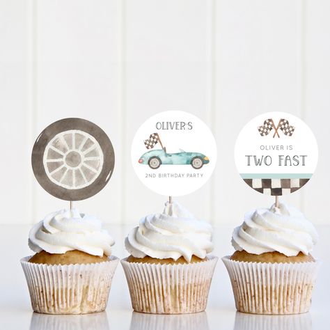 Editable Racing Car Cupcake Toppers DEMO LINK- Try Before You Buy! Copy & Paste link into your browser ►https://www.corjl.com/d/1GEDN6 Edit using your computer, laptop or phone, no software required! ►Find more matching race car themed items here: https://www.etsy.com/shop/MerryPartyPrintables?search_query=race+car Matching items shown in this listing are SOLD SEPARATELY. Car 2nd Birthday Party, Car Cupcake Toppers, Growing Up Two Fast, Vintage Race Car Birthday, Car Invitation, Cars Cupcakes, Two Fast Birthday, Cupcake Toppers Template, Cars Birthday Party Decorations