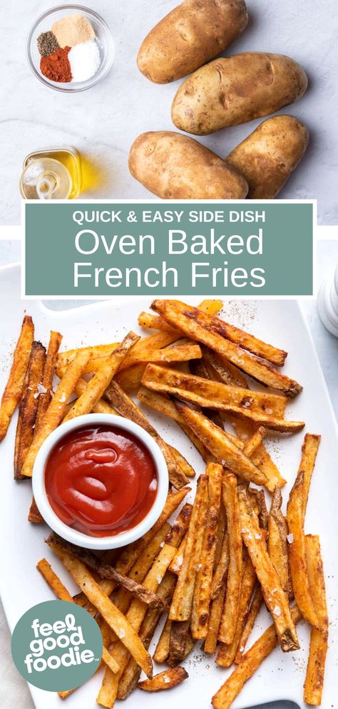 This crispy oven baked french fries make you forget all about deep fried french fries. They're crispy on the outside and fluffy in the middle - great as a quick and easy side! Pan Roasted Brussel Sprouts, Fried French Fries, Deep Fried French Fries, Quick Easy Side Dishes, Oven Baked French Fries, Baked French Fries, Healthy Mashed Potatoes, French Fried Potatoes, Sweet Potato Fries Baked