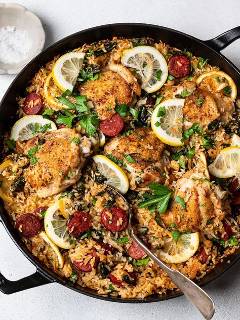 Chicken And Chorizo Rice - Sandra Valvassori Chicken Chorizo Recipe, Recipe With Chorizo, Chorizo Rice, Chicken And Chorizo, Chicken Chorizo, Chicken Rice Recipes, Chorizo Recipes, Chorizo Sausage, Long Grain Rice