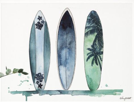 Surfing Watercolor Paintings, Surfboard Watercolor Paintings, Beachy Watercolour, Surfing Watercolor, Watercolor Surfboard, Surf Watercolor, Surfboard Drawing, Surf Vintage, Beach Art Painting