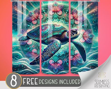 Sea Turtle Tumbler, Neon Mandala, Tropical Png, Turtle Tumbler, Vacation Tumbler, Mandala Png, Cool Wraps, Summer Tumbler, Design Mandala