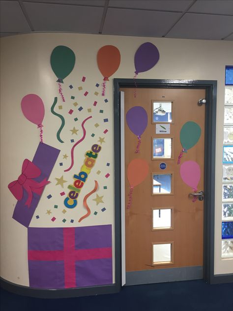 Celebration themed classroom door. Birthday Door Decorations, Birthday Door, Daycare Decor, Teacher Doors, Teacher Birthday, Door Decorating, Door Decorations Classroom, Themed Classroom, Classroom Door