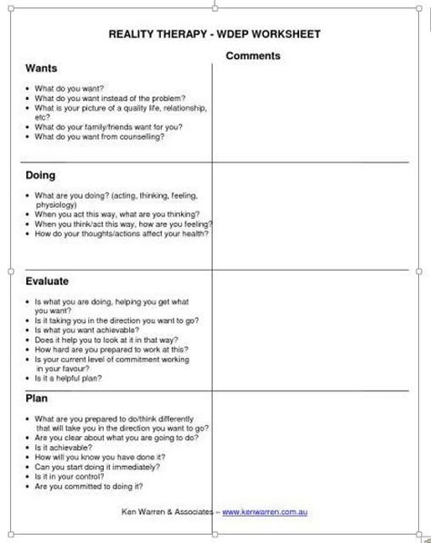 More-detailed-WDEP-model Reality Therapy, Choice Theory, Adolescent Therapy, Rave Review, Counseling Worksheets, Hebden Bridge, Taking Responsibility, Motivational Interviewing, Mental Health Counseling