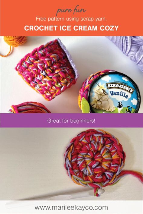 Ice Cream Pint Cozy, Crochet Ice Cream, Cup Cozy Crochet Pattern, Crochet Craft Fair, Crochet Circle Pattern, Crochet Cup Coaster, Ice Cream Pint, Ice Cream Cozy, Crochet Cup Cozy