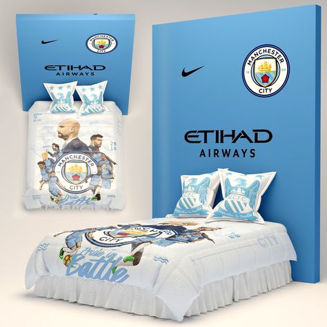 Manchester City Bed, Hamid Ghorbani on ArtStation at https://www.artstation.com/artwork/xz0QlW Man City Bedroom Ideas, City Bed, City Bedroom, Indie Bedroom, Child Bedroom, مانشستر سيتي, Man City, New Room, Manchester City