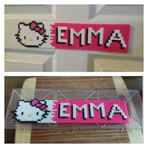 Perler bead name plate hello kitty emma Name Perler Beads, Perler Bead Patterns Hello Kitty, Hama Beads Hello Kitty, Perler Beads Hello Kitty, Hello Kitty Perler Beads, Sleepover Crafts, Beads Name, Hamma Beads Ideas, Easy Perler Bead Patterns