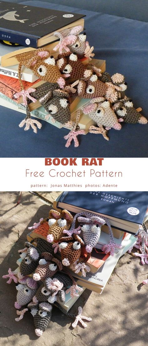 Book Rat Crochet, Book Rat Crochet Pattern, Crochet Everyday Items, Rat Bookmark, Crochet Bookmark Tutorial, Bookmark Crochet Tutorial, Crochet Therapy, Crochet Fan, Crochet Bookmarks Free Patterns