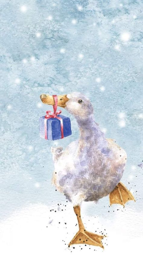 Christmas Animals Watercolor, Christmas Duck Painting, Christmas Goose Illustration, Christmas Duck Wallpaper, Christmas Duck Drawing, Christmas Animals Wallpaper, Vintage Christmas Artwork, Duck Phone Wallpaper, Christmas Illustration Watercolor