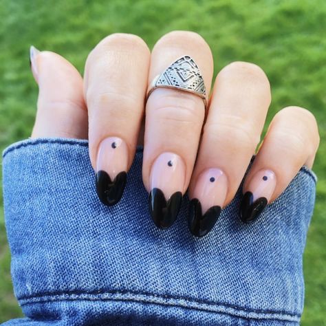 Black Heart Almond Nails, Black Tip Nails With Heart Design, Black French Tip Heart Nails, Black French Tip Nails Almond With Heart, Black Heart Tip Nails, Black Heart Nail Designs, Black French Tips With Heart On Ring Finger, Black Heart Nails, Heart Tip Nails