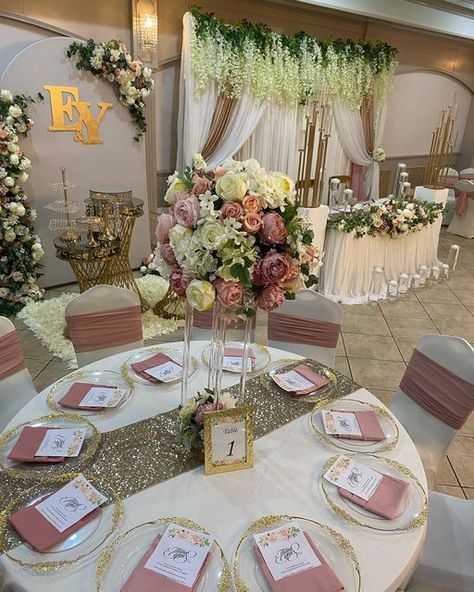 @julianas_bridal on Instagram: "set up" Table Set Up Quinceanera, Simple Quince Table Decorations, Quince Arrangement, Main Quince Table, Quinceañera Table Set Up, Quince Background, Court Table Quinceanera, Quince Table Decorations, Quinceanera Main Table Ideas