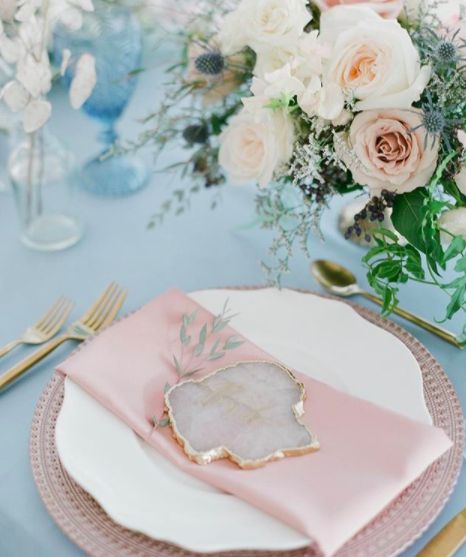 Light Blue Linen with Light Pink Satin Napkin  Capri Gold Flatware, Copper Rose Gold Charger Blue Wedding Table, Honolulu Wedding, Pale Blue Wedding, Wedding Table Setup, Gold Table Setting, Tabletop Design, Blue White Weddings, Blue Quince, Light Pink Wedding