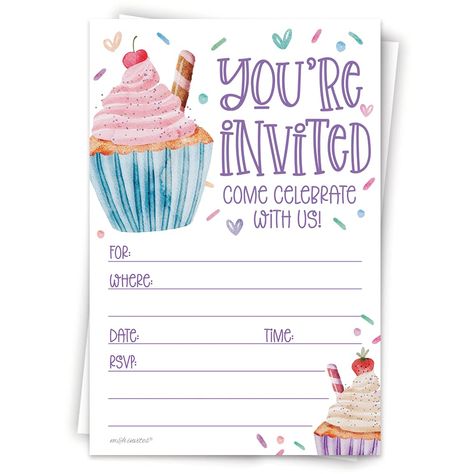 PRICES MAY VARY. Cupcake Birthday Party Invitations - Blank Backside - Envelopes Included Pack of 20 Watercolor Cupcake Party Invitations With White Envelopes These Fun Cupcake Birthday Invites Measure 4 X 6 Inches - These Invites Are Perfect For A Girl's Birthday Party, Featuring Colorful And Playful Watercolor Cupcakes In Purple, Pink, And Blue Colors! Printed On Sturdy Heavy-Weight Card Stock: Matte Finish For Easier Fill In With Many Pen Types Designed and Professionally Printed in USA Welco Cupcake Party Invitations, Watercolor Cupcake, Cupcake Invitations, Cupcake Theme, Cupcake Birthday Party, Cupcake Birthday, Birthday Invites, Fun Cupcakes, Cupcake Party