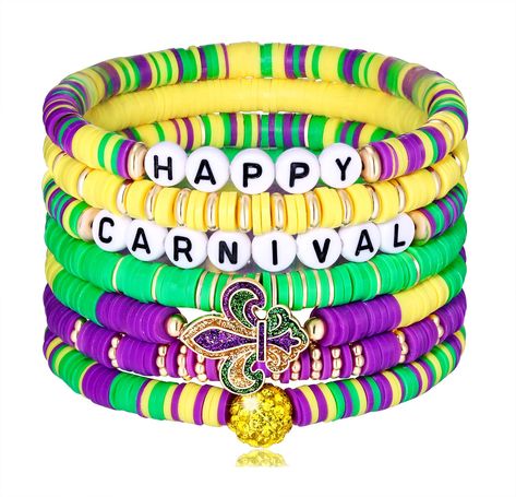 PRICES MAY VARY. 7 PCS Mardi Gras heishi letter beads bracelets.Bracelet is in Mardi Gras colors of glass beads of purple,yellow and green crystals.Festive bracelets has charm with carnival charm with enamel feather and pearl beads. The stackable bracelets is made of crystal bungee cord and Mardi Gras colored beads in vibrant colors,smooth and comfortable with rhinestone spacer beads.Beautifully handcrafted stretch bracelets will add a touch of whimsy to all your carnival outfits! Purple Represe Mardi Gras Bracelet, Girls Holiday, Bracelets Beaded, Stackable Bracelets, Letter Beads, Bracelets For Women, Mardi Gras, Pearl Beads, Stretch Bracelets