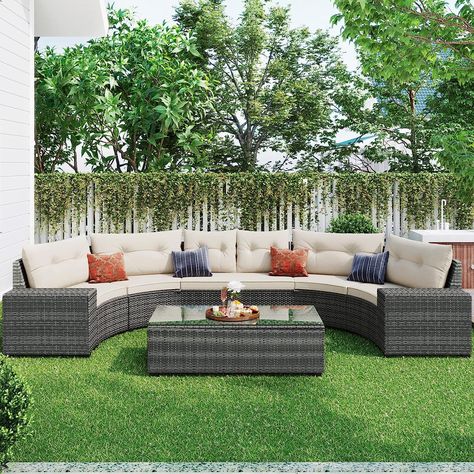 Zevemomo 8-Piece All Weather Wicker Furniture Coffee Table Arc Outdoor Sectional Sofas Garden Backyard Poolside, Patio Conversation Set Beige 2 Side Tables, Wicker Outdoor Sectional, Sectional Furniture, Round Sofa, Wicker Sofa, Beige Cushions, Curved Sofa, Patio Sofa, Rectangular Coffee Table