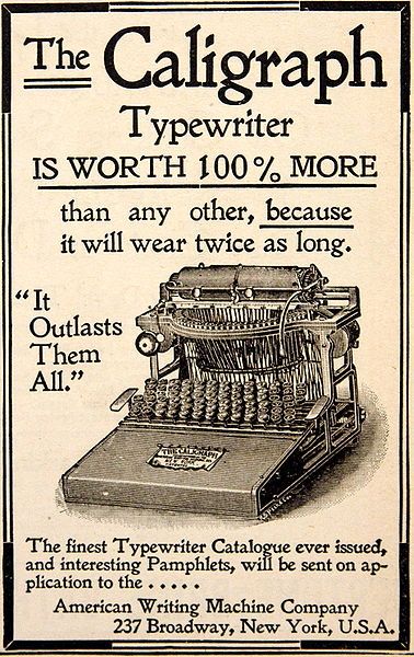 1800 advertisements | Caligraph Ad , public domain, courtesy of Wikimedia Commons Victorian Advertising, Industrial Era, Writing Machine, Master Thesis, Foto Transfer, Motorcycle Posters, Vintage Typewriter, Old Advertisements, Library Decor