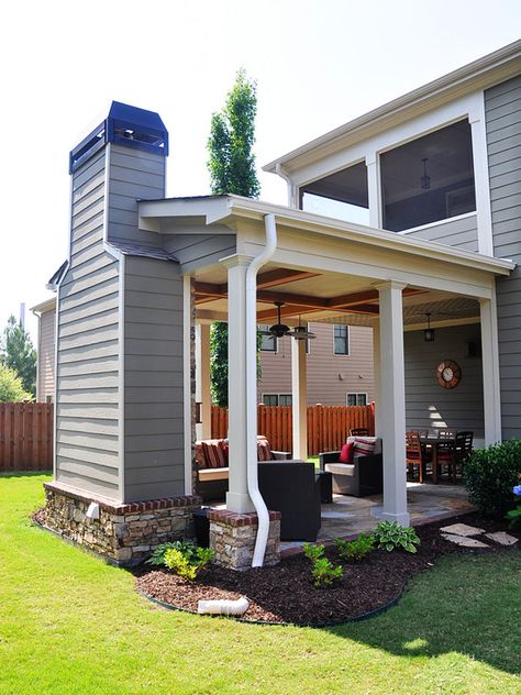 Outdoor covered patio with fireplace, great addition idea. Dream, dream, dream! Outdoor Covered Patio With Fireplace, Covered Patio With Fireplace, Patio With Fireplace, Outdoor Covered Patio, Outside Living, Pergola Patio, Screened Porch, Backyard Oasis, Outdoor Rooms