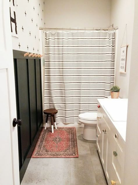 Bathroom Update Diy, Fun Kids Bathroom Ideas, Bathroom Budget Diy, Gray Floors, Gray Shower Curtain, Bathroom Budget, Kid Bathroom, Bathroom Redecorating, Gray Shower Curtains