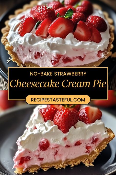 https://recipestasteful.com/no-bake-strawberry-cheesecake-cream-pie/ Strawberry Cheesecake No Bake, Baked Strawberry Pie, Cheesecake Cream, Strawberry Cream Pies, Strawberry Cheesecake Recipe, Cheesecake Tarts, Baked Cheesecake Recipe, Baked Strawberries, Bake Cheesecake