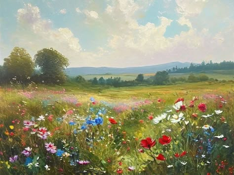 Watercolor Art Flower Field, Field Of Poppies Painting, Flower Field Drawing, Flower Field Painting, Large Landscape Painting, Field Paint, West Art, Poppy Painting, Scenery Pictures