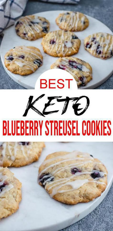 BEST Cookie Keto Recipe! Blueberry Streusel cookies great small sweet treat,snacks,breakfast or low carb keto desserts! Satisfy a sweet craving w/ low carb blueberry cookie w/ icing cookies. Ketogenic diet blueberry streusel cookies. Make ahead for great freezer meal. Make for summer desserts, healthy desserts, camping food or BBQ desserts. Cookie recipe. Homemade not store bought cookies -skip the fat bombs & candy. Check out best keto #blueberry cookies. #keto #lowcarbrecipe #easyrecipe Keto Cookies Easy, Streusel Cookies, Best Keto Cookies, Blueberry Cookies Recipes, Simple Ingredient Recipes, Galletas Keto, Blueberry Streusel, Fridge Food, Bbq Desserts