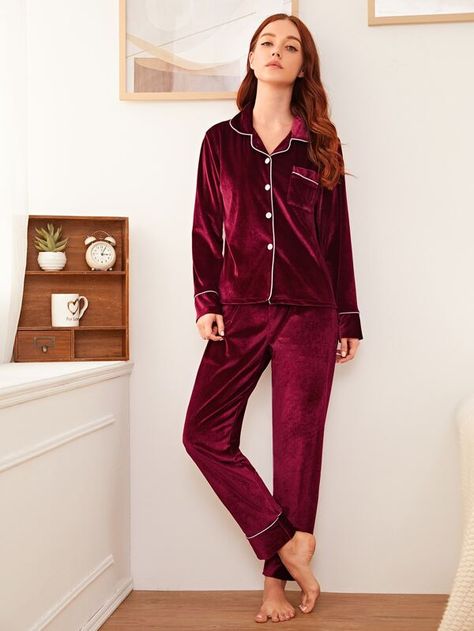 Button Front Velvet Pajama Set | SHEIN USA Night Suit For Women, Stylish Short Dresses, Fashion Leggings, Trendy Fashion Tops, Short Pj Set, Satin Cami, Night Suit, Cairo Egypt, Korean Dress