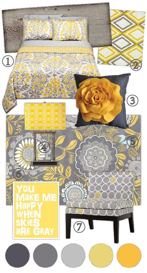 Grey and yellow bedroom. @ Home Design Ideas - throw in some black and I'm a happy camper! Yellow And Gray Bedroom, Yellow Gray Bedroom, Gray Decor, House Bedrooms, Yellow Bedroom, Gray Bedroom, Spare Room, Mellow Yellow, Colour Schemes