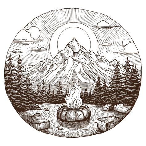 Camp Sketch, Outdoor Sketches, Circular Landscape, Campfire Drawing, Adventure Illustration, Inktober 2024, Camping Area, Nature Posters, Hand Sketch