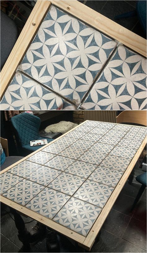 How to tile a dining table DIY using geo blue white tiles Tile Patio Table, Mosaic Patio Table, Diy Garden Table, Mosaic Tile Table, Tile Top Tables, How To Tile, Coffee Table Makeover, Wood Table Diy, Diy Table Top