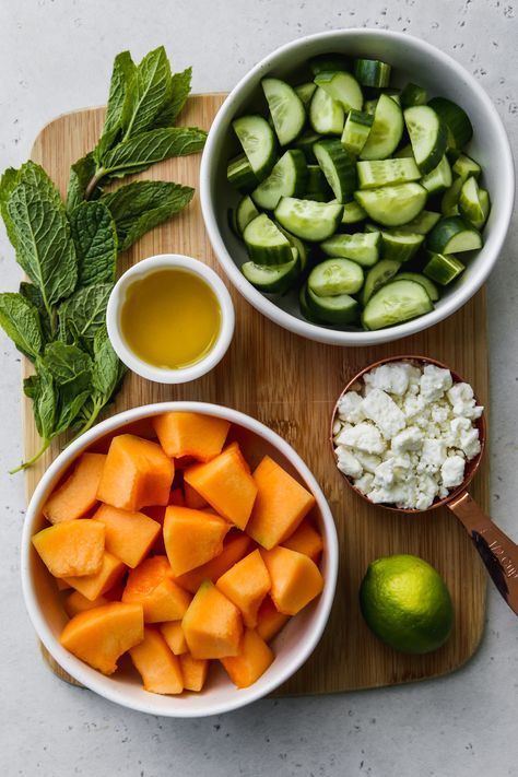 Cantaloupe Melon Salad With Cucumber & Feta | Walder Wellness Cantelope Melon Recipes, Cantaloupe Salad, Cantaloupe Fruit, Salad With Cucumber, Melon Recipes, Melon Salad, Mint Salad, Free Online Classes, Feta Salad